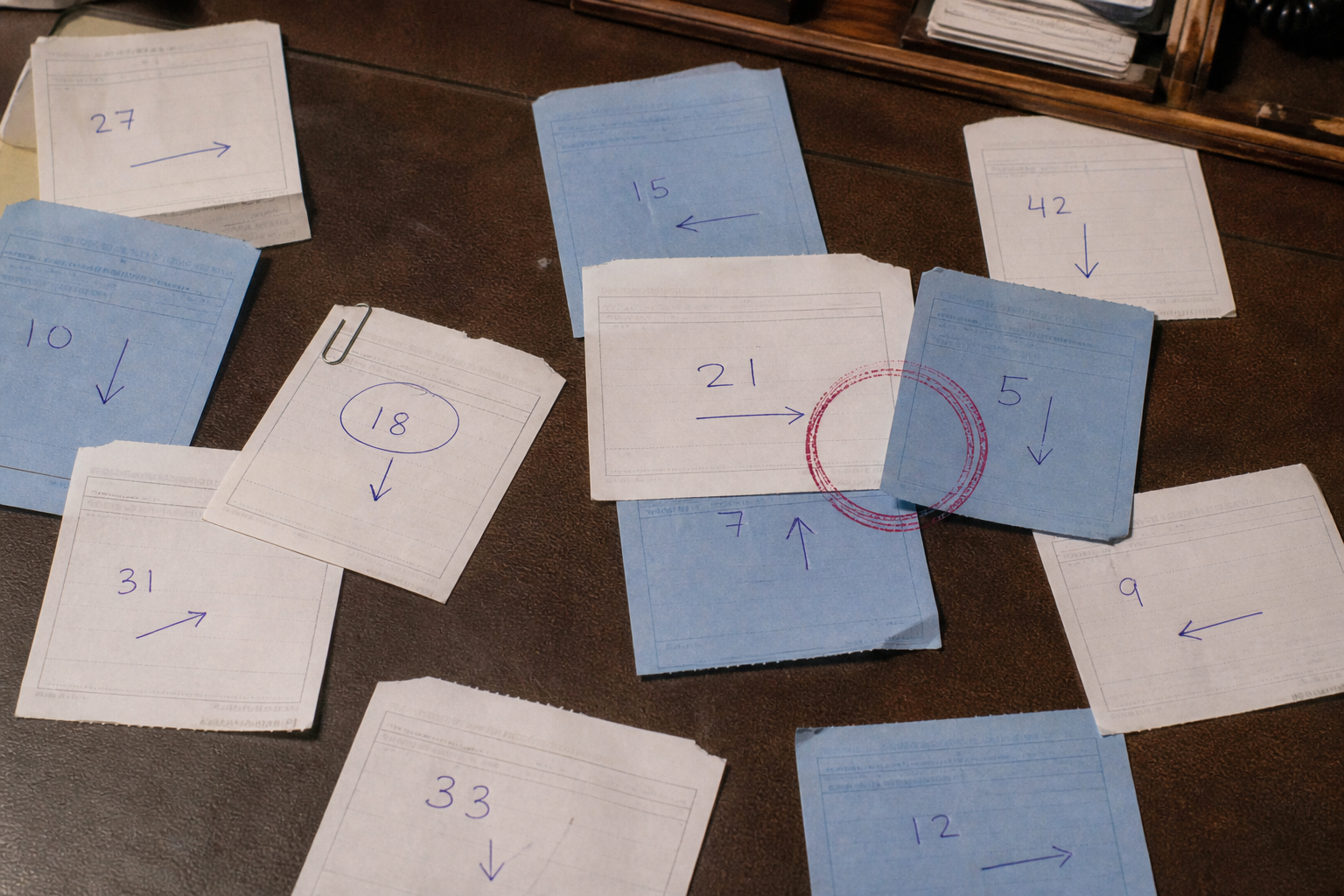 Numbered docket slips with routing arrows on a blotter desk