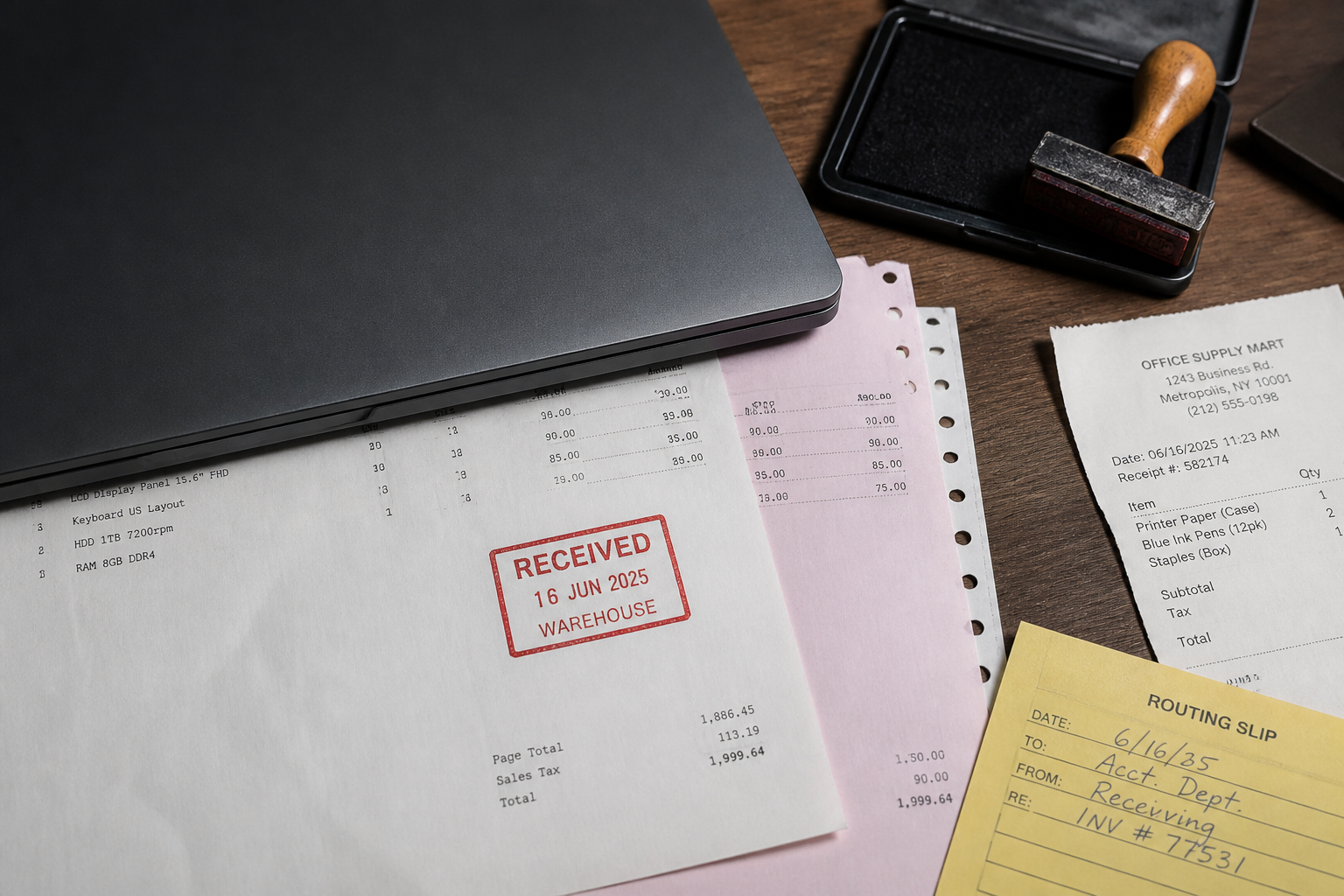Closed laptop beside carbon-copy sheets and a red stamp mark